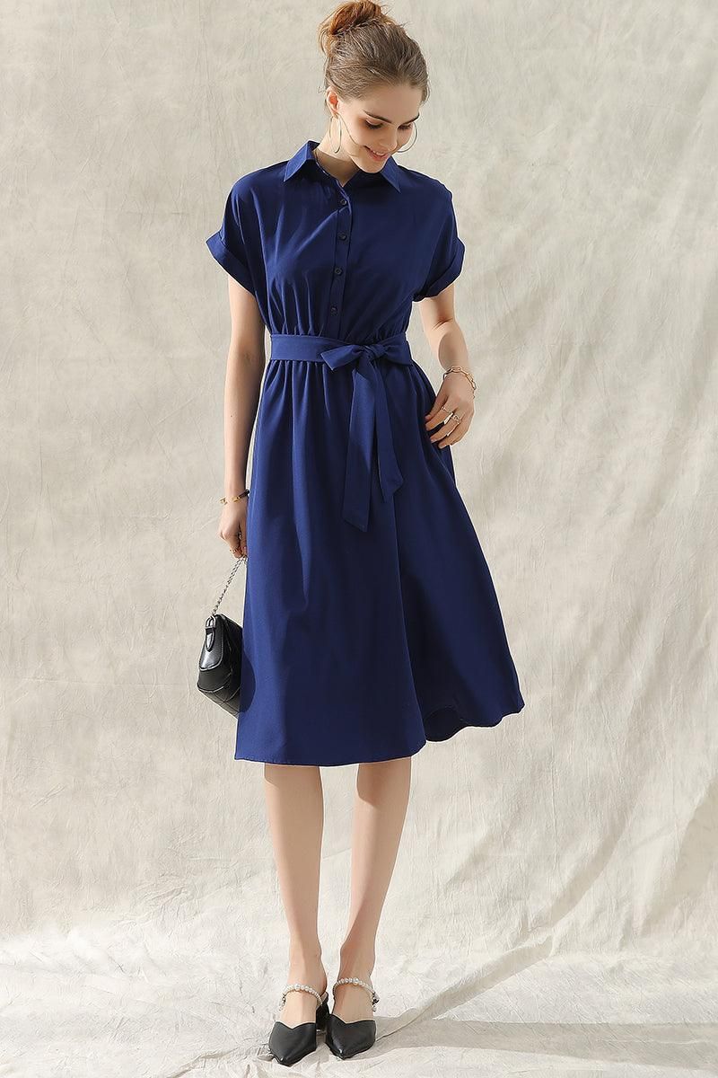 ROLL UP SLEEVE TIED WAIST FLARE SHIRTS DRESS - Doublju