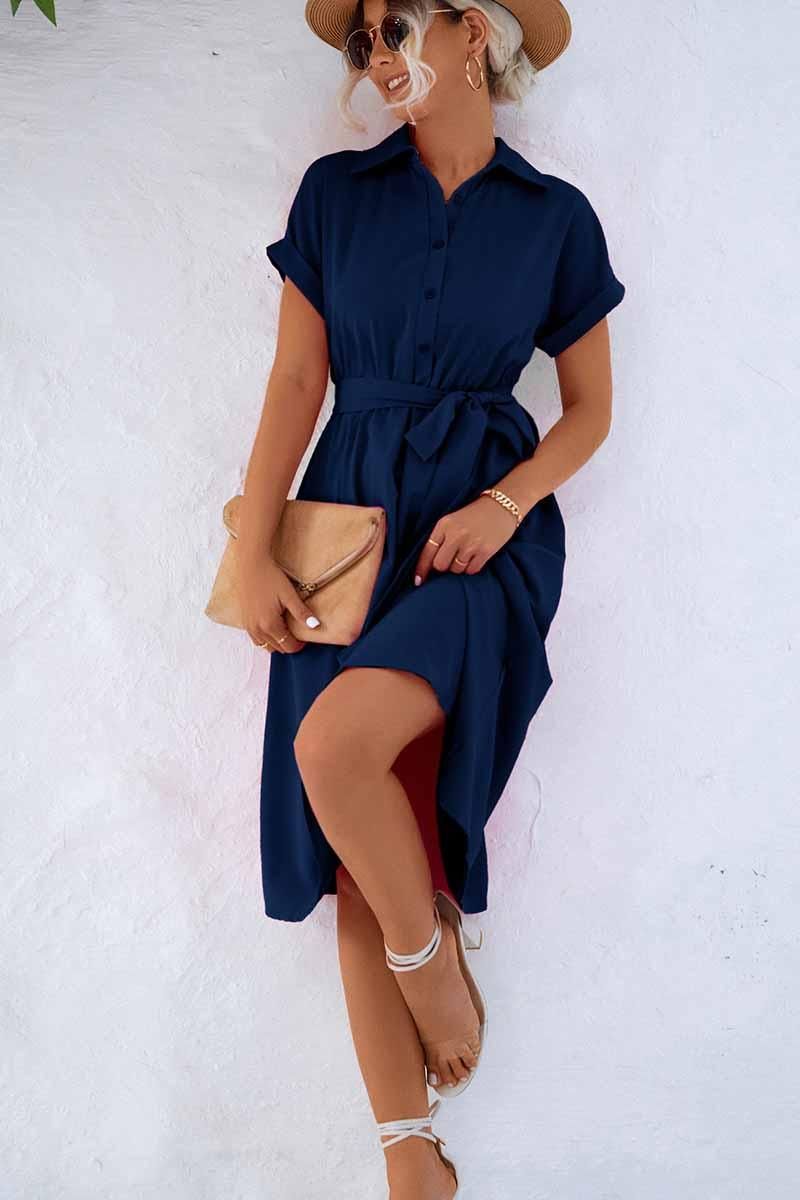 ROLL UP SLEEVE TIED WAIST FLARE SHIRTS DRESS - Doublju