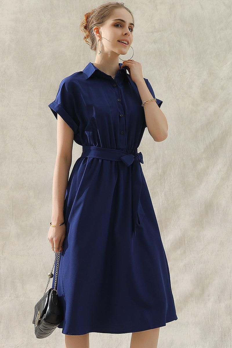 ROLL UP SLEEVE TIED WAIST FLARE SHIRTS DRESS - Doublju