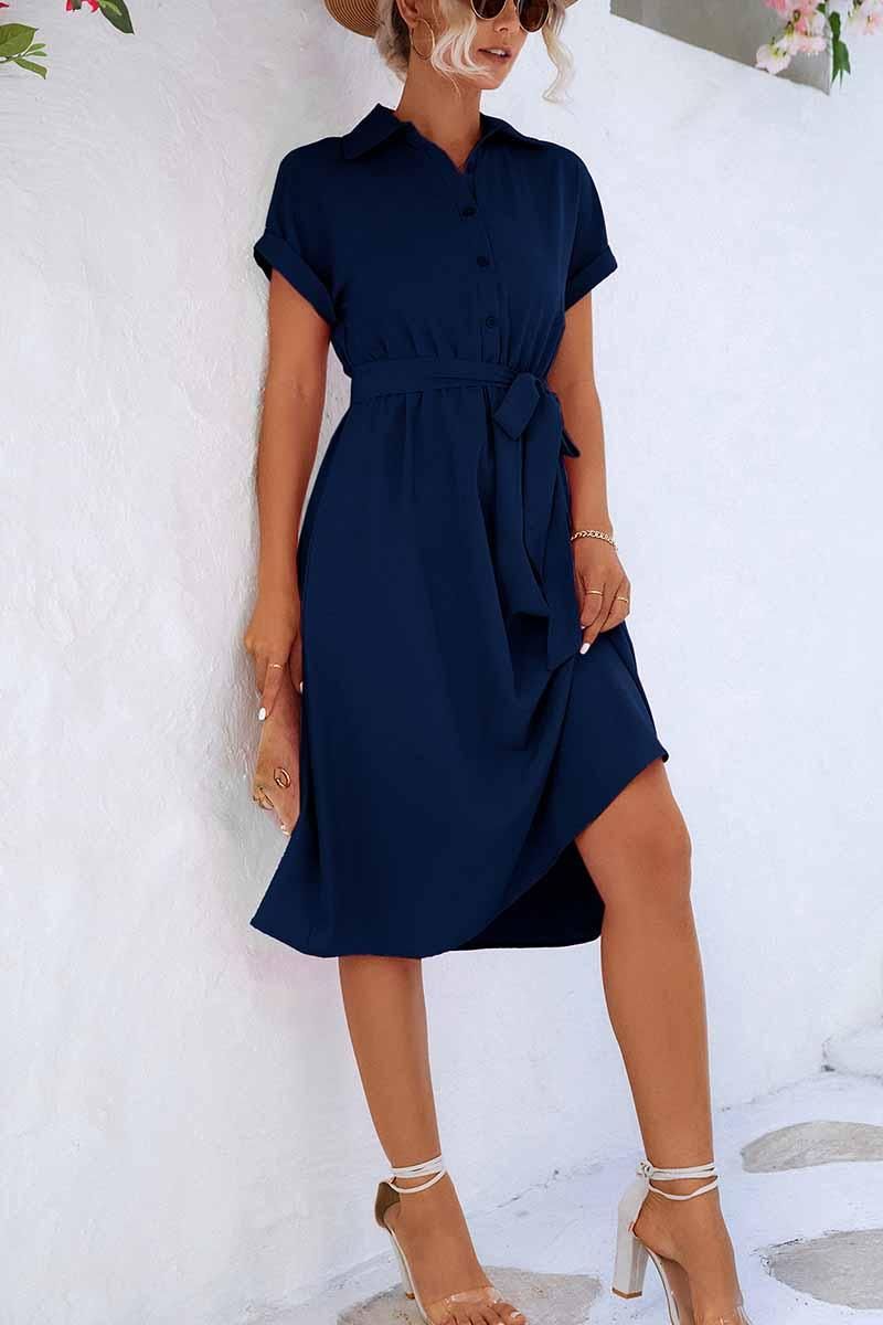 ROLL UP SLEEVE TIED WAIST FLARE SHIRTS DRESS - Doublju