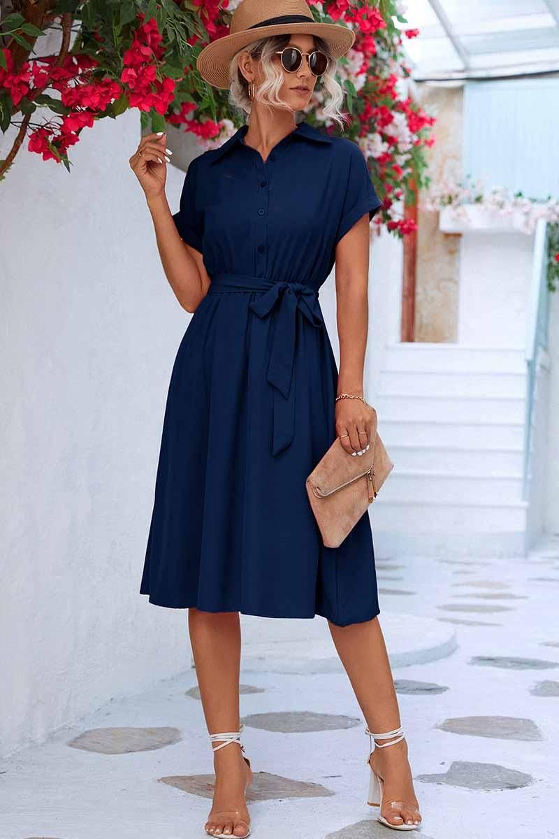 ROLL UP SLEEVE TIED WAIST FLARE SHIRTS DRESS - Doublju