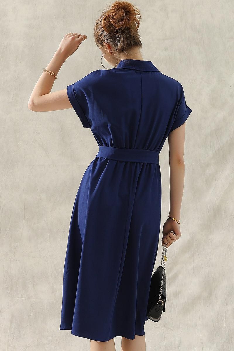 ROLL UP SLEEVE TIED WAIST FLARE SHIRTS DRESS - Doublju