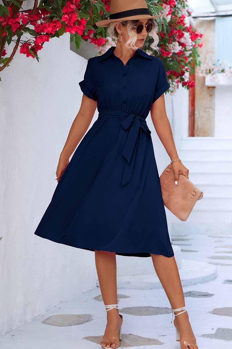 ROLL UP SLEEVE TIED WAIST FLARE SHIRTS DRESS - Doublju