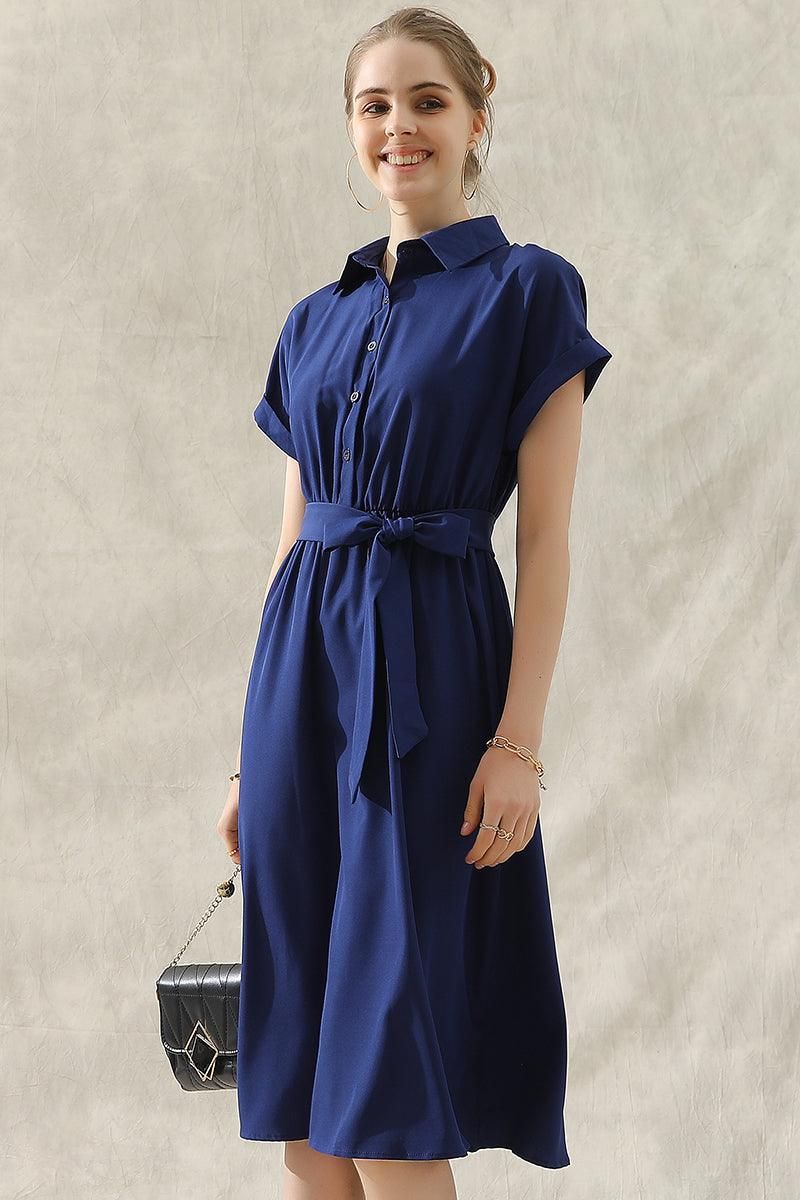 ROLL UP SLEEVE TIED WAIST FLARE SHIRTS DRESS - Doublju