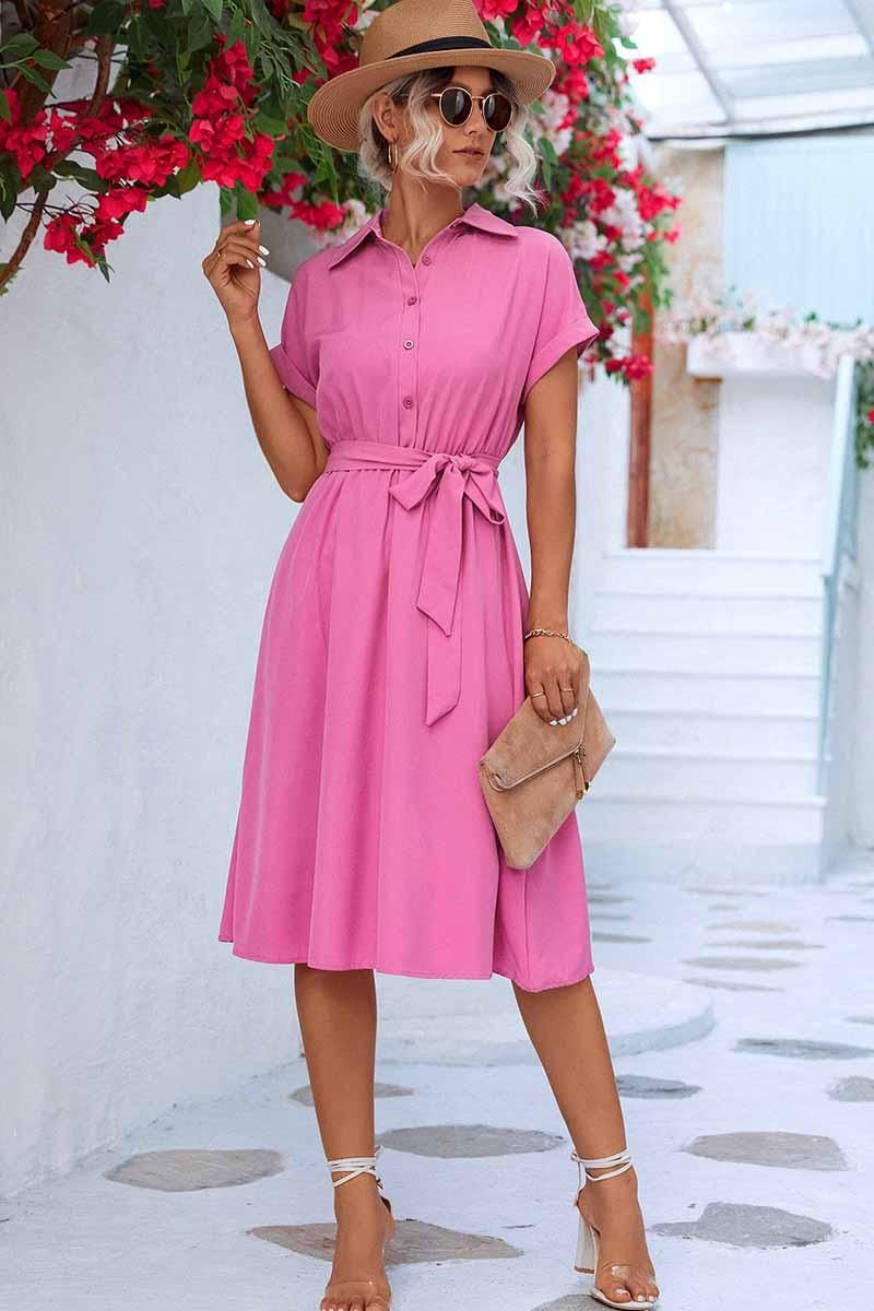 ROLL UP SLEEVE TIED WAIST FLARE SHIRTS DRESS - Doublju