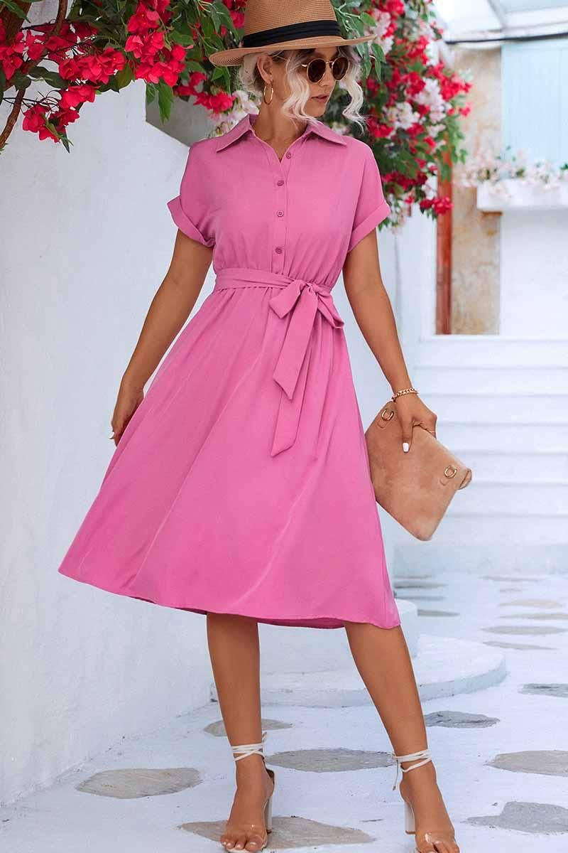 ROLL UP SLEEVE TIED WAIST FLARE SHIRTS DRESS - Doublju