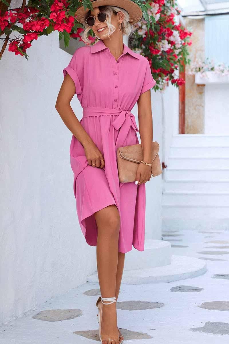 ROLL UP SLEEVE TIED WAIST FLARE SHIRTS DRESS - Doublju