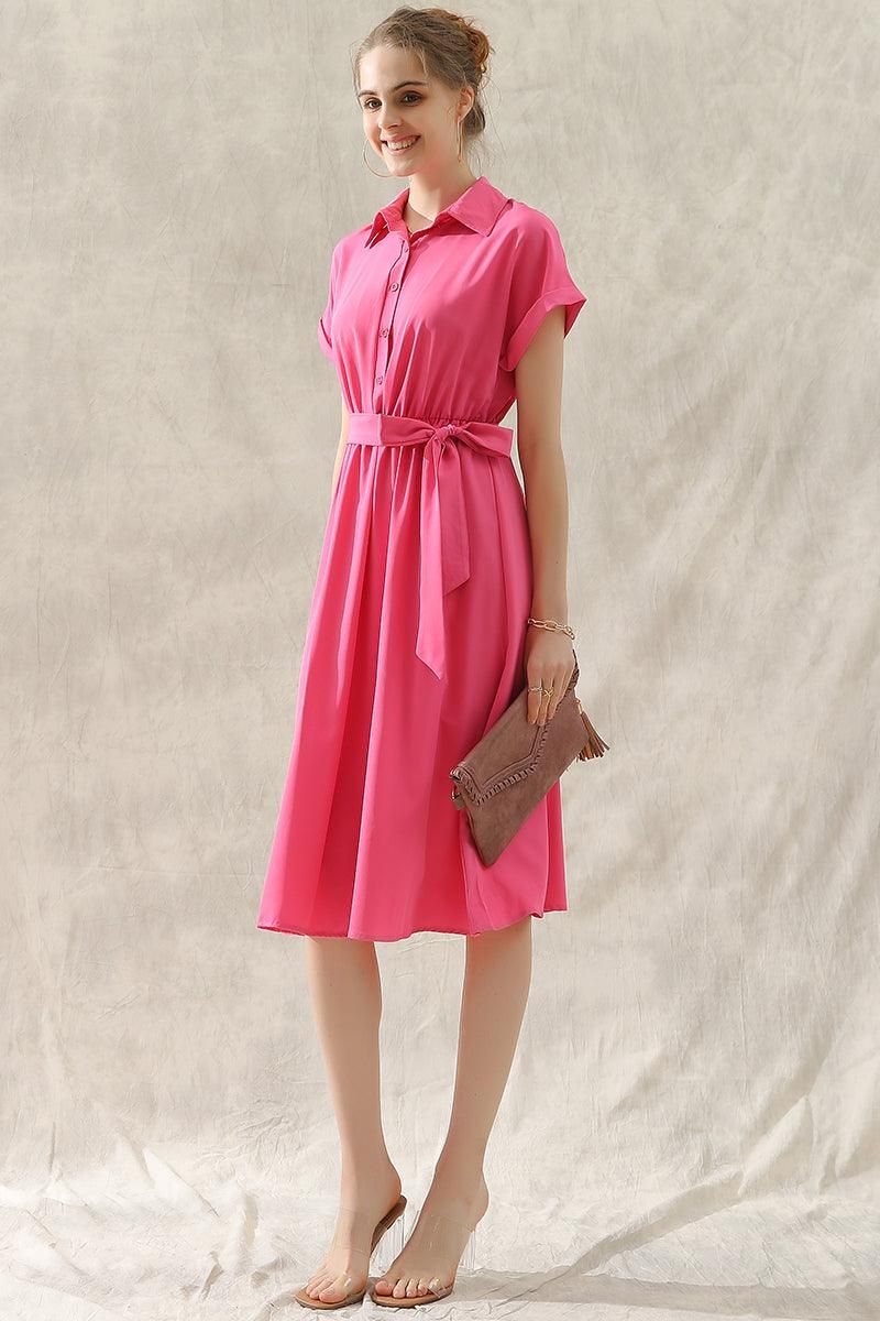 ROLL UP SLEEVE TIED WAIST FLARE SHIRTS DRESS - Doublju