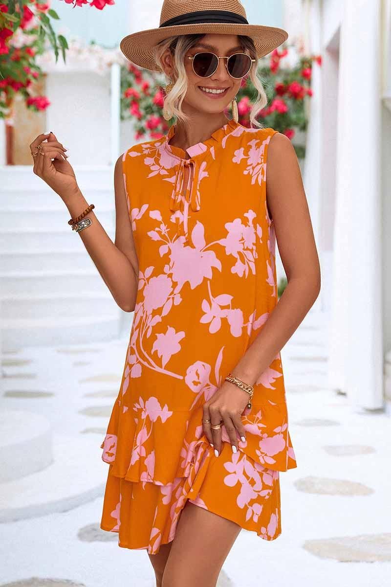 NATURE PATTERN TIED NECK SHORT RUFFLED DRESS - Doublju