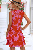 NATURE PATTERN TIED NECK SHORT RUFFLED DRESS - Doublju