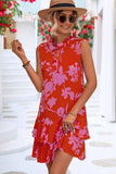 NATURE PATTERN TIED NECK SHORT RUFFLED DRESS - Doublju