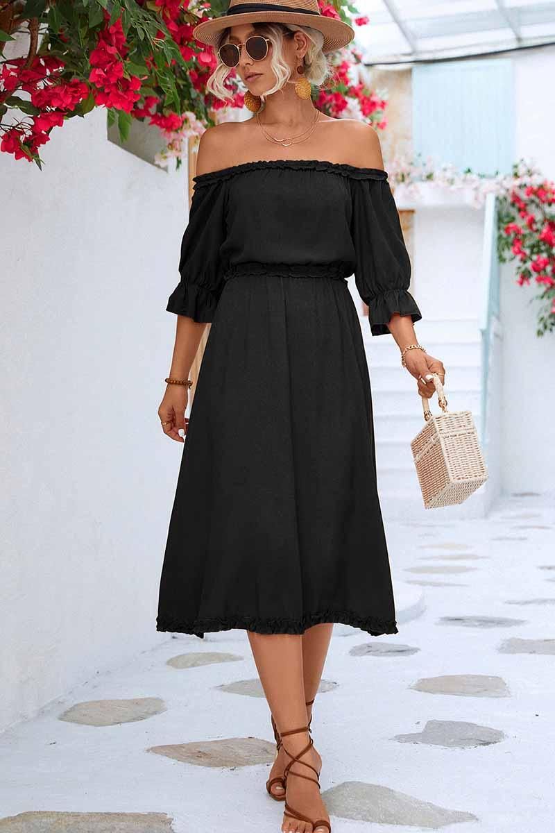 RUFFLED LACE OFF SHOULDER TIGHTEN WAIST DRESS - Doublju