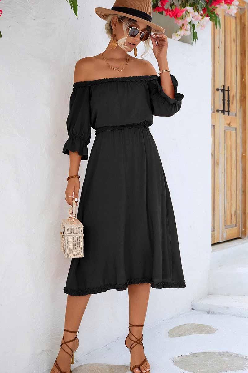 RUFFLED LACE OFF SHOULDER TIGHTEN WAIST DRESS - Doublju