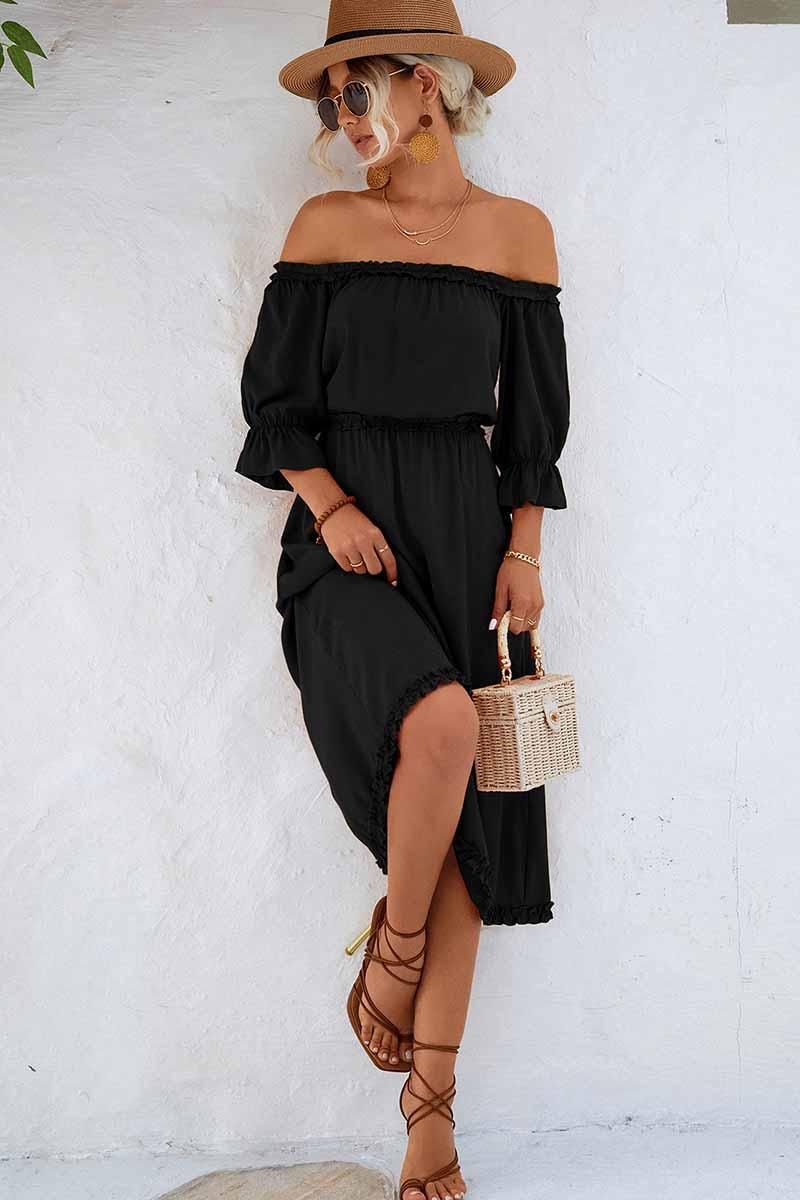 RUFFLED LACE OFF SHOULDER TIGHTEN WAIST DRESS - Doublju