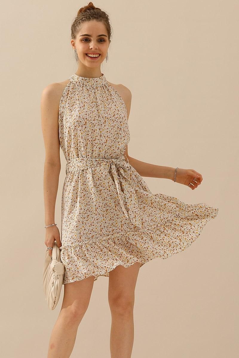 FLORAL HALTER NECK TIED WAIST RUFFLED SHORT DRESS - Doublju