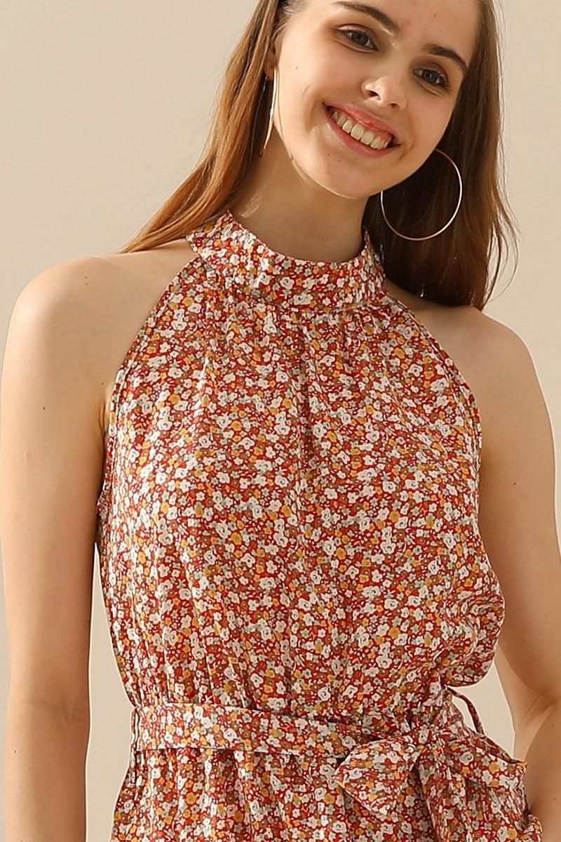 FLORAL HALTER NECK TIED WAIST RUFFLED SHORT DRESS - Doublju