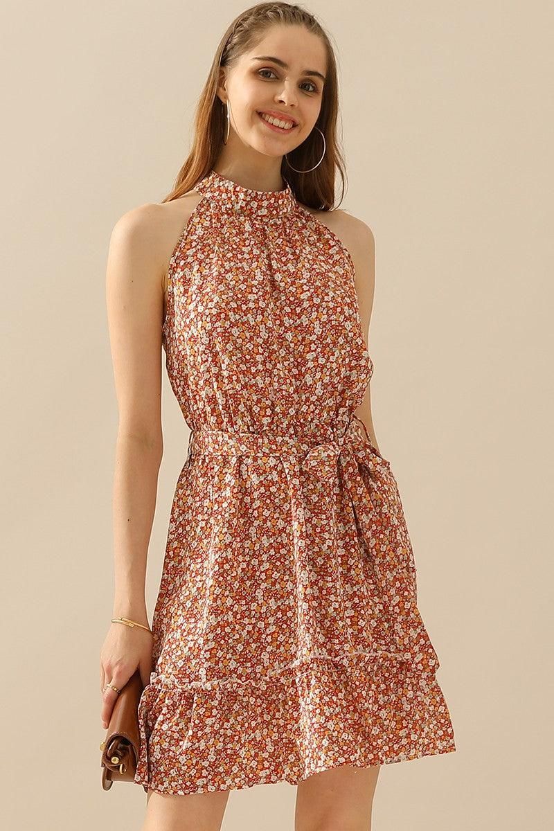 FLORAL HALTER NECK TIED WAIST RUFFLED SHORT DRESS - Doublju