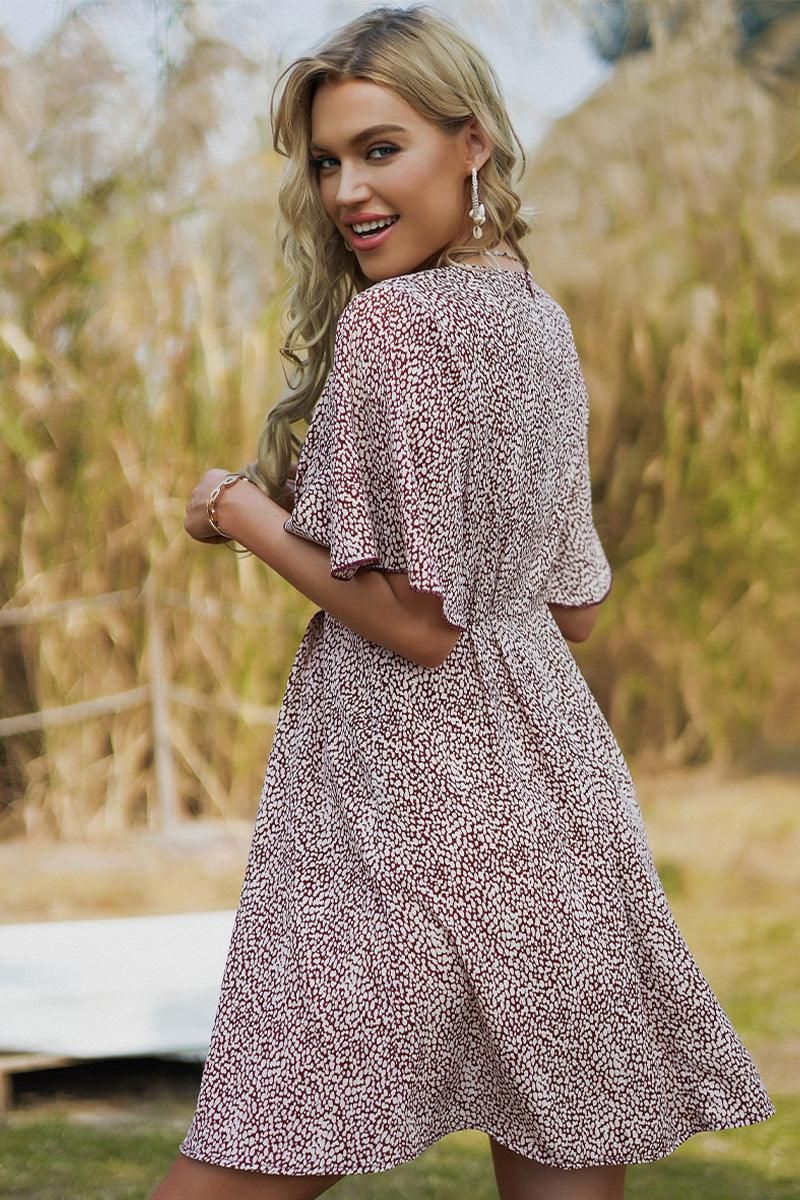 WIDE SLEEVE POLKA DOT FLARE SHORT DRESS - Doublju