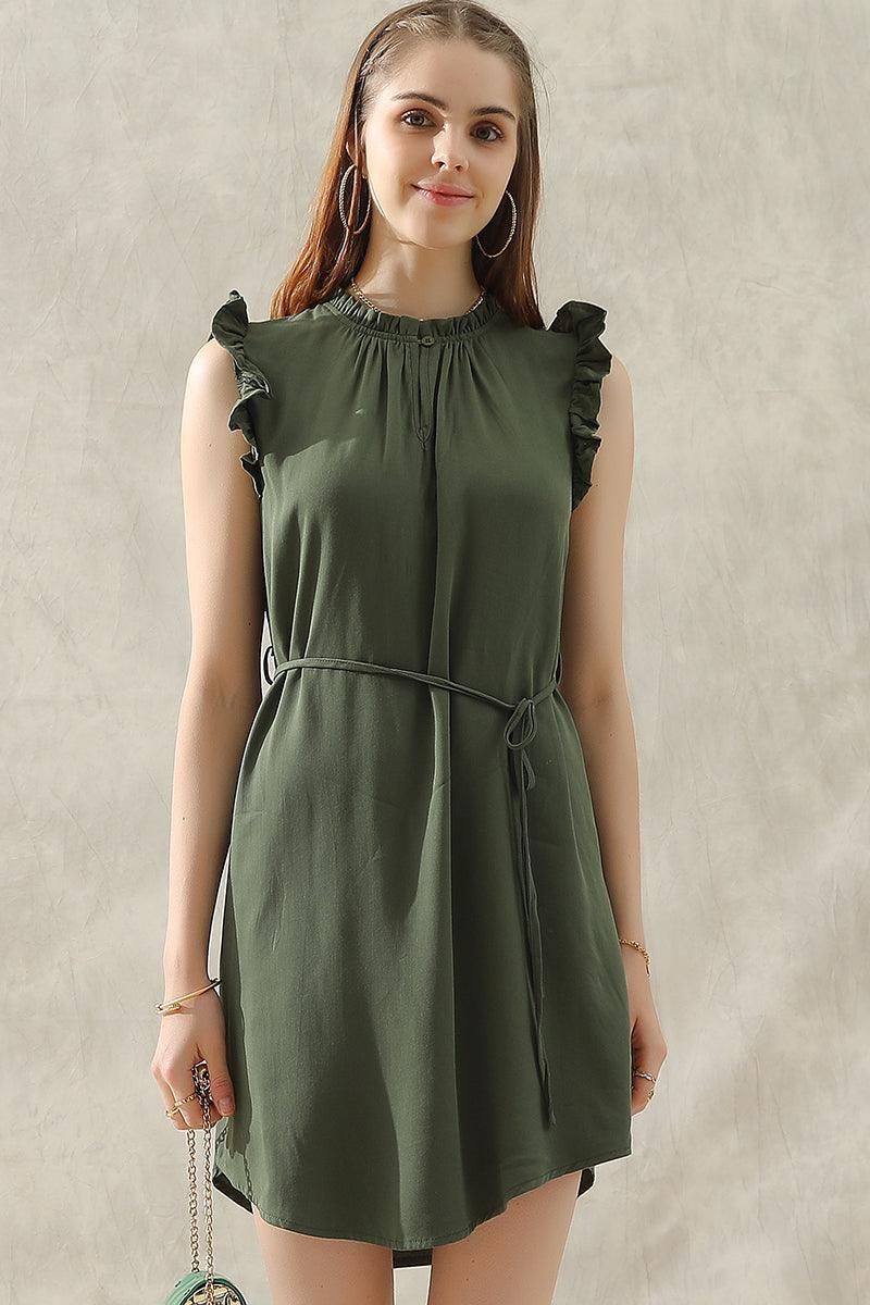 ANGEL WING SLEEVE WRINKLED NECK STRING WAIST DRESS - Doublju