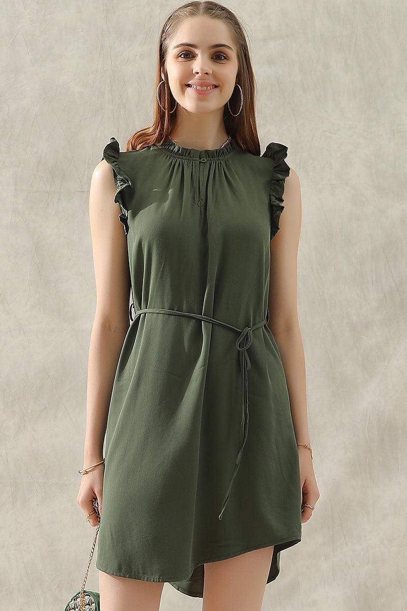 ANGEL WING SLEEVE WRINKLED NECK STRING WAIST DRESS - Doublju