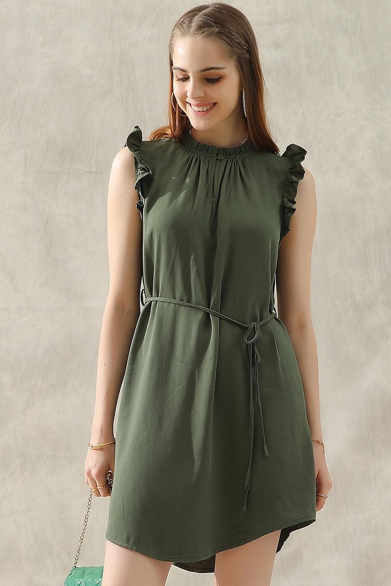 ANGEL WING SLEEVE WRINKLED NECK STRING WAIST DRESS - Doublju