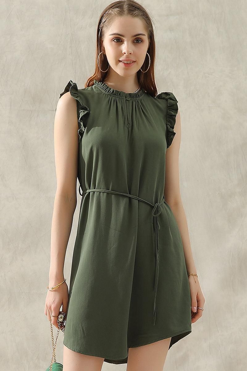 ANGEL WING SLEEVE WRINKLED NECK STRING WAIST DRESS - Doublju