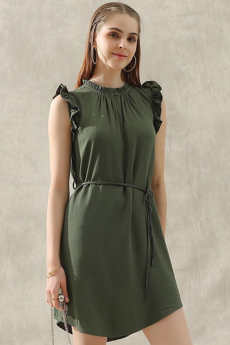 ANGEL WING SLEEVE WRINKLED NECK STRING WAIST DRESS - Doublju