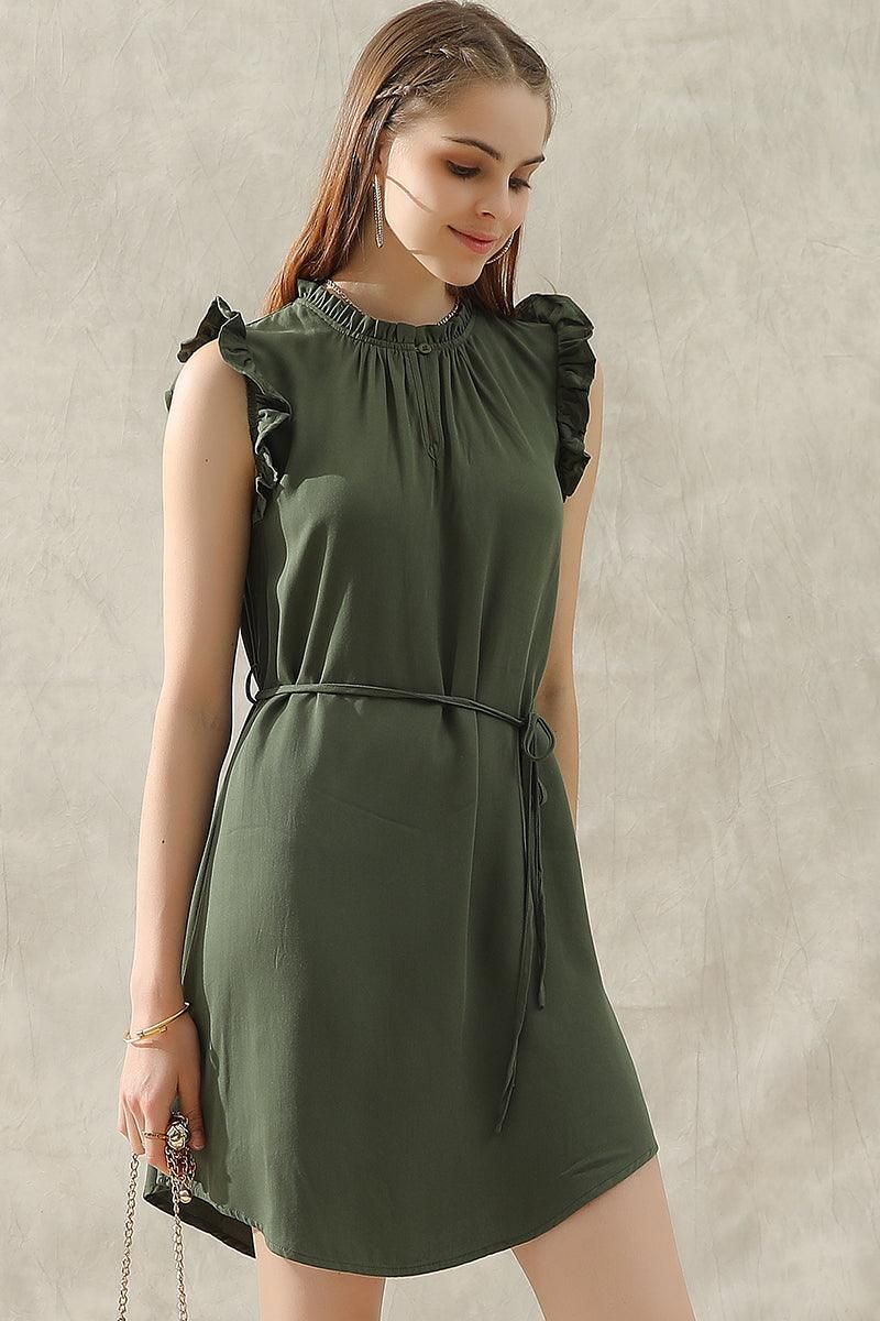 ANGEL WING SLEEVE WRINKLED NECK STRING WAIST DRESS - Doublju