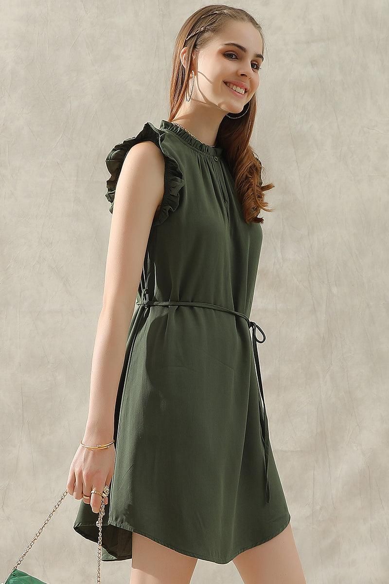 ANGEL WING SLEEVE WRINKLED NECK STRING WAIST DRESS - Doublju