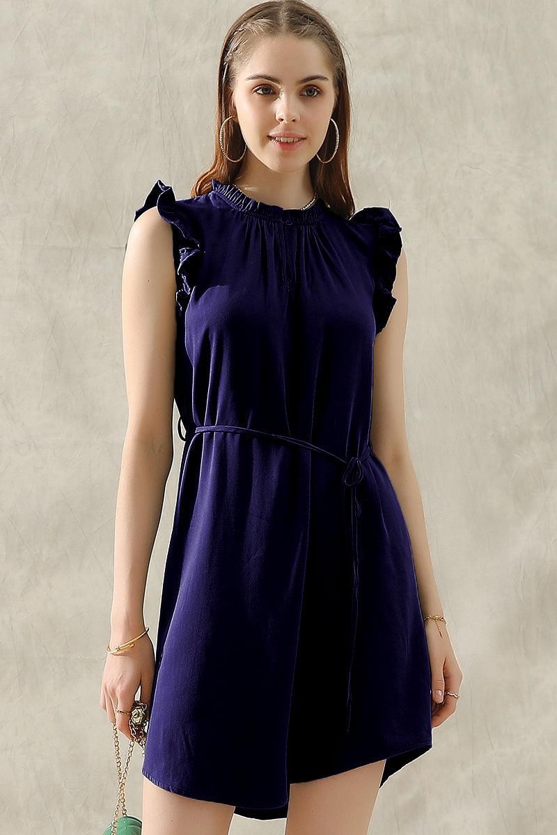 ANGEL WING SLEEVE WRINKLED NECK STRING WAIST DRESS - Doublju