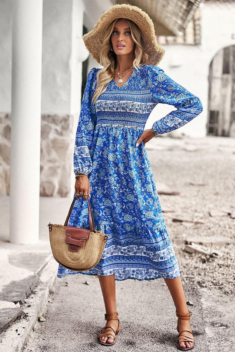 LONG SLEEVE SMOKED BOHEMIAN FLARE DRESS - Doublju