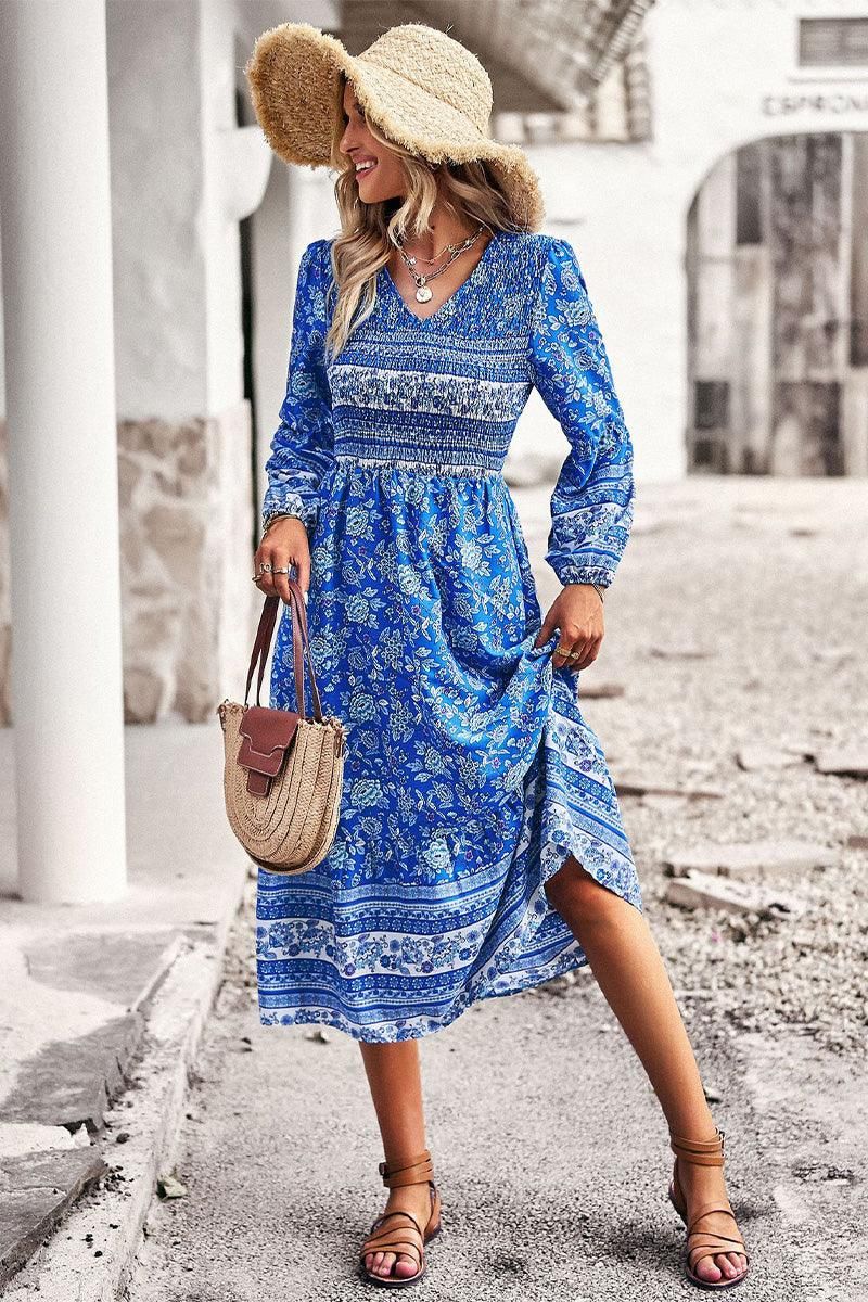 LONG SLEEVE SMOKED BOHEMIAN FLARE DRESS - Doublju