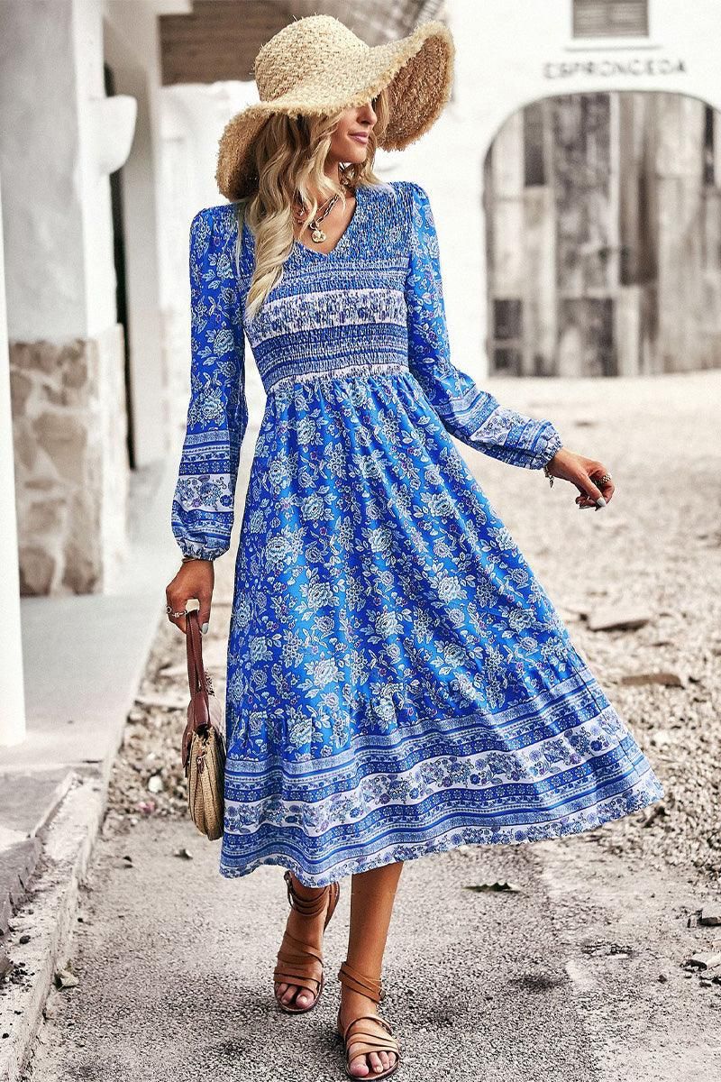 LONG SLEEVE SMOKED BOHEMIAN FLARE DRESS - Doublju