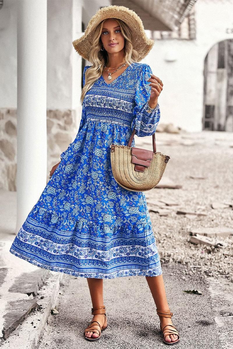 LONG SLEEVE SMOKED BOHEMIAN FLARE DRESS - Doublju