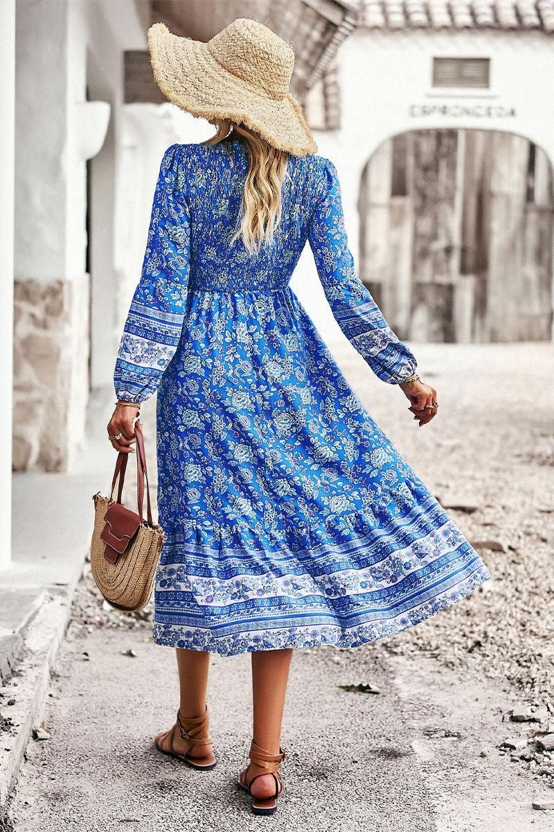 LONG SLEEVE SMOKED BOHEMIAN FLARE DRESS - Doublju