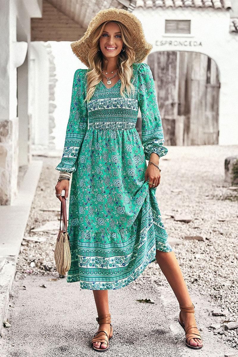 LONG SLEEVE SMOKED BOHEMIAN FLARE DRESS - Doublju