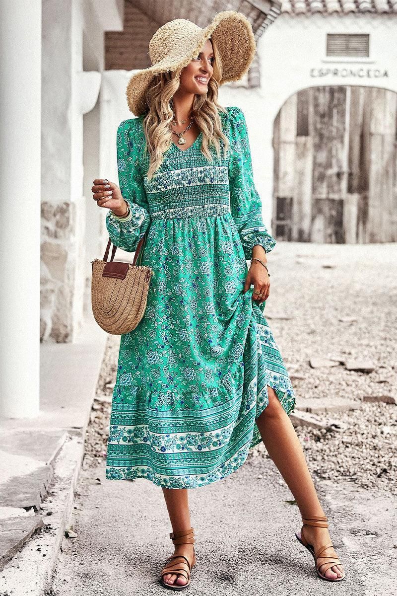 LONG SLEEVE SMOKED BOHEMIAN FLARE DRESS - Doublju