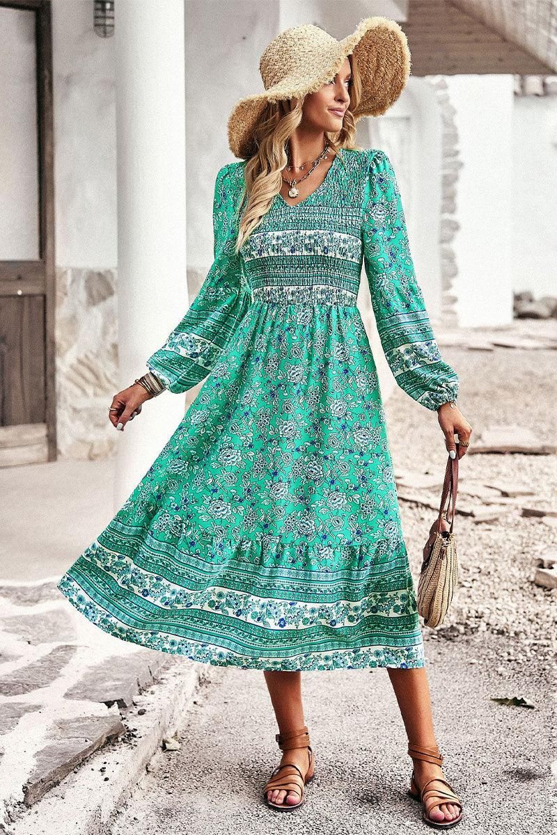 LONG SLEEVE SMOKED BOHEMIAN FLARE DRESS - Doublju