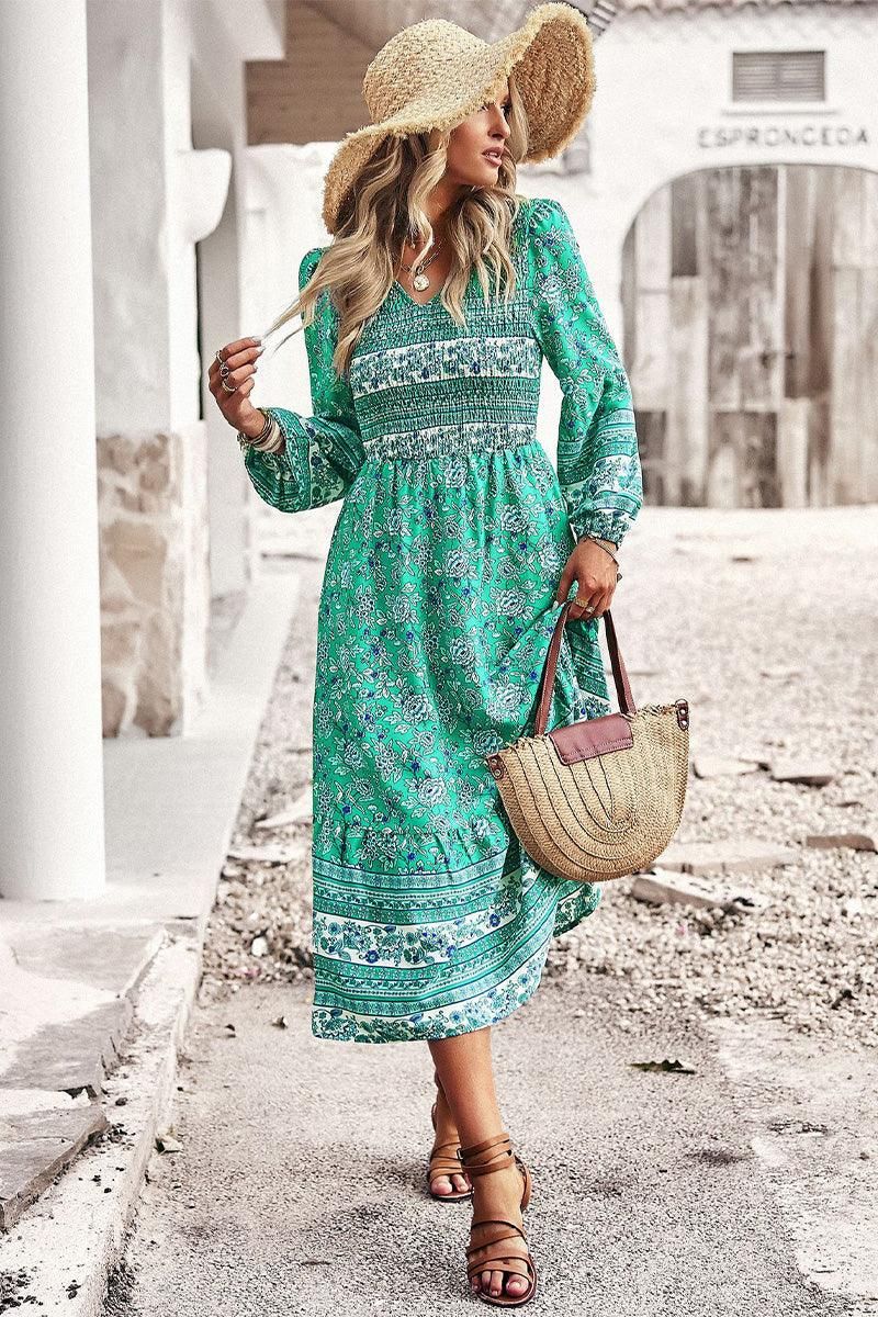 LONG SLEEVE SMOKED BOHEMIAN FLARE DRESS - Doublju