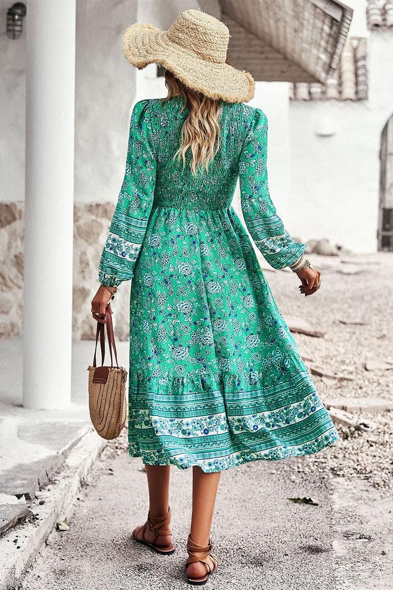 LONG SLEEVE SMOKED BOHEMIAN FLARE DRESS - Doublju