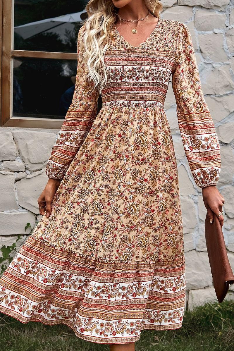 LONG SLEEVE SMOKED BOHEMIAN FLARE DRESS - Doublju