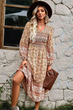 LONG SLEEVE SMOKED BOHEMIAN FLARE DRESS - Doublju