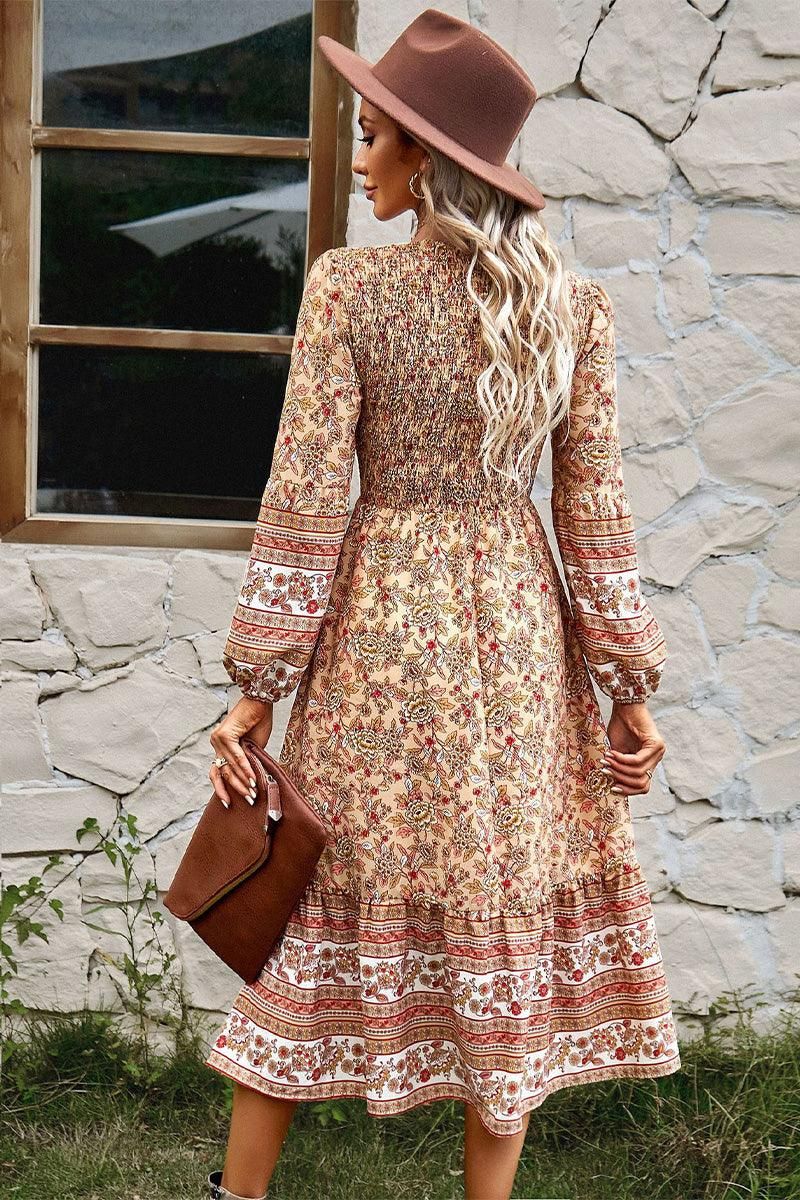 LONG SLEEVE SMOKED BOHEMIAN FLARE DRESS - Doublju