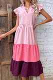 V NECK COLOR BLOCK ANGEL SLEEVE CAKE DRESS - Doublju