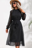 TIED WAIST LONG RUFFLED SLEEVE DOT MESH DRESS - Doublju