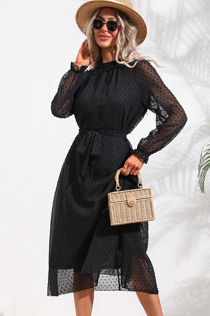 TIED WAIST LONG RUFFLED SLEEVE DOT MESH DRESS - Doublju