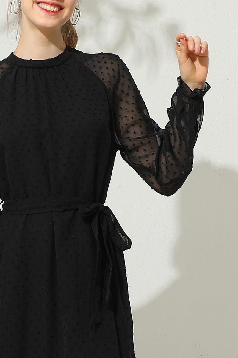 TIED WAIST LONG RUFFLED SLEEVE DOT MESH DRESS - Doublju