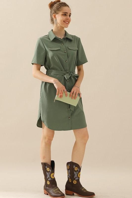 COLLAR NECK TIED WAIST SHORT SLEDRESS - Doublju