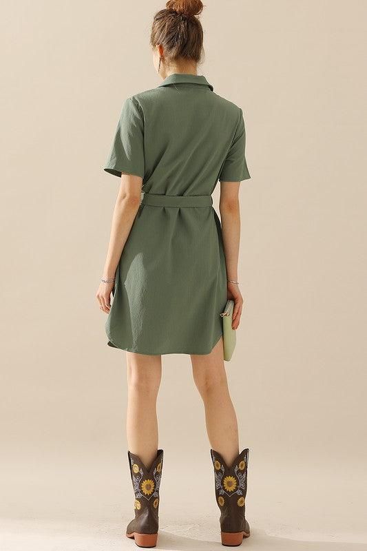 COLLAR NECK TIED WAIST SHORT SLEDRESS - Doublju