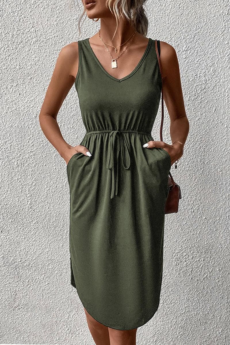 DRAWSTRING V NECK SLEEVELESS SLIM DRESS - Doublju